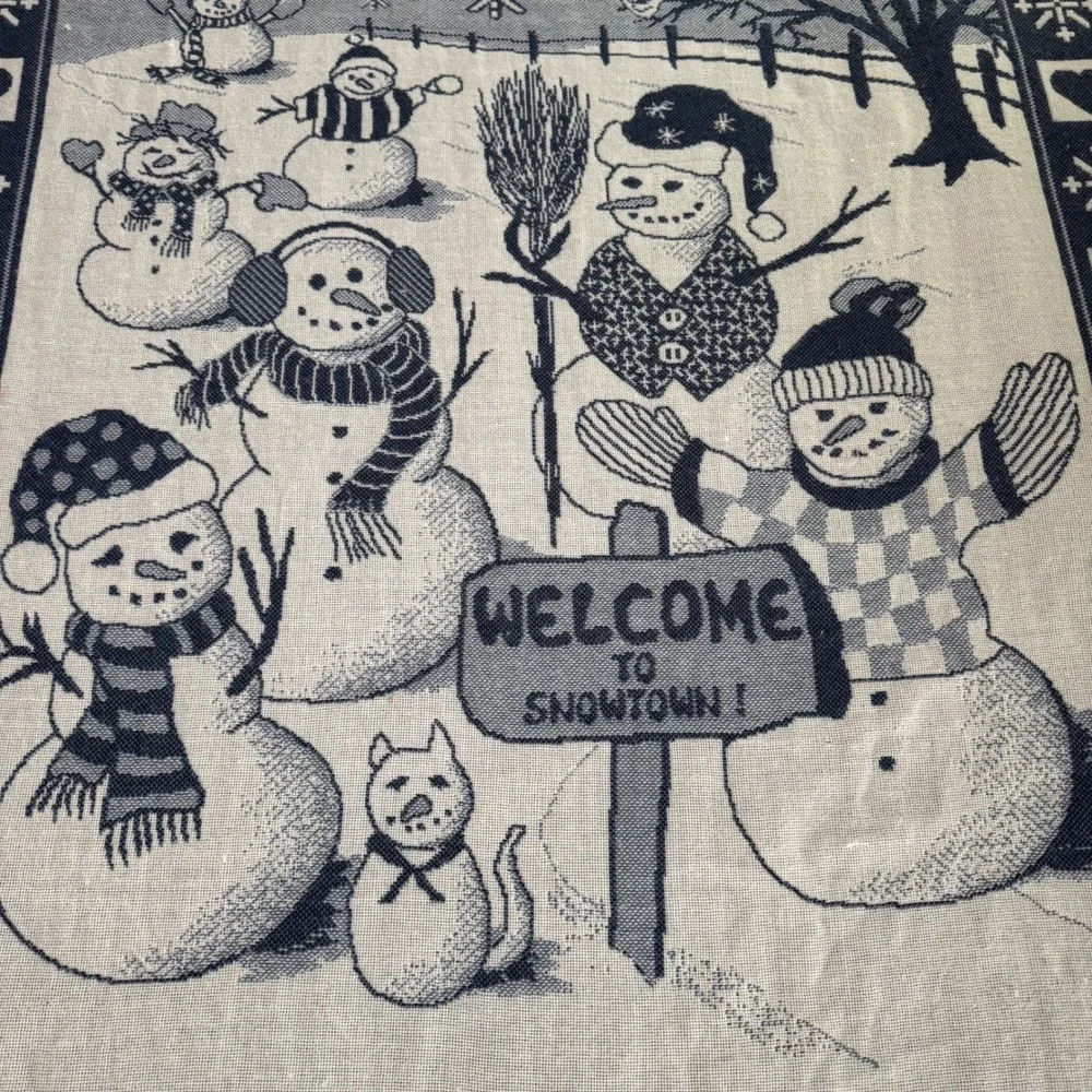 Vintage Welcome to Snowtown Snowman Family Throw Tapestry Blanket Blue Gray EUC‎